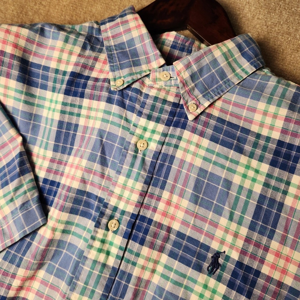 Ralph Lauren Button Down Shirt Mens XL Blue Green Plaid Classic Fit Short Sleeve